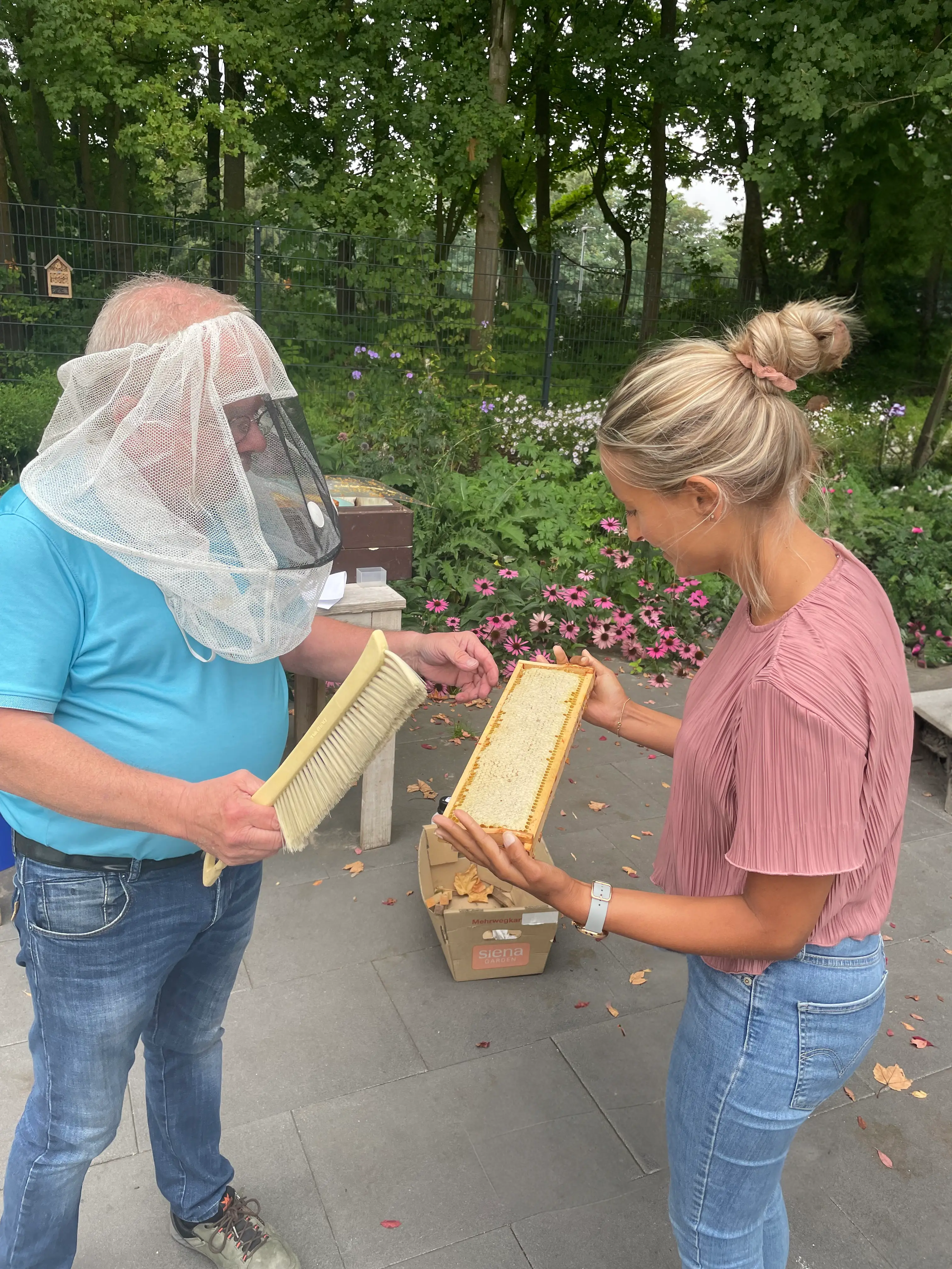 Der Imker trägt einen Imkerhut und hält einen Bienenbesen in der Hand. Eine weitere Person hält eine frisch aus dem Bienenkasten entnommene Wabe. 