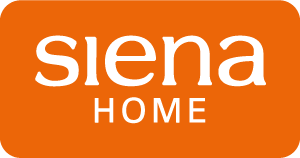 Ein orangenes Quadrat mit der weißen Inschrift "SienaHome"